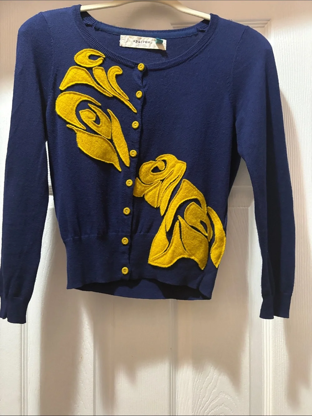 Maeve Navy Cardigan with Yellow Floral Appliqué & Yellow Button-Front Skirt
